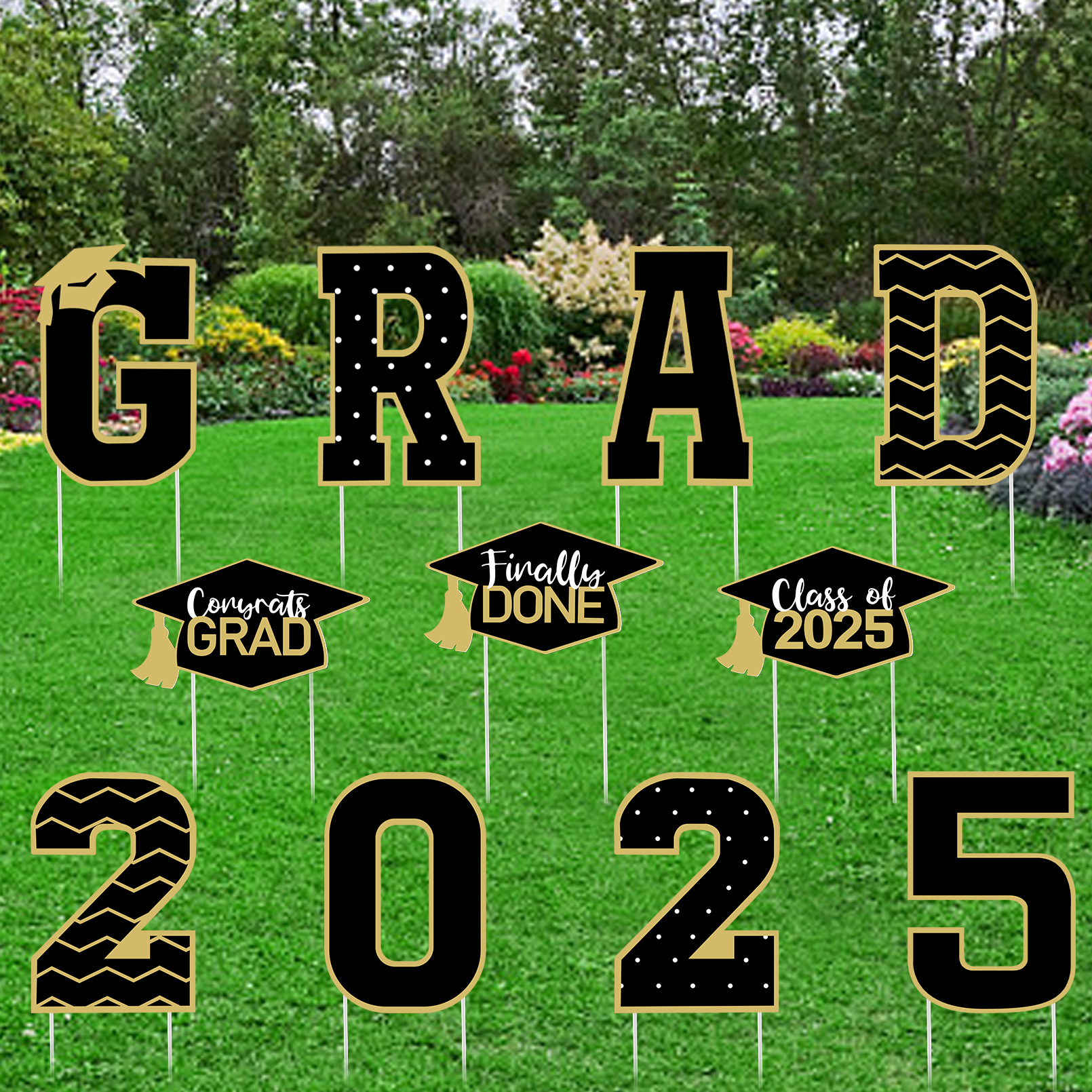 Nrnio 11 Pcs Graduation Yard Sign Decorations, Congrats Graduation Lawn Signs 2025 Grad Yard Signs with 23 Stakes for Outdoor Congrats Graduation Party Decor Supplies (Black)